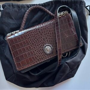 BRIGHTON - Black/Brown Leather Faux Croc Crossbody Purse Dust Bag Included